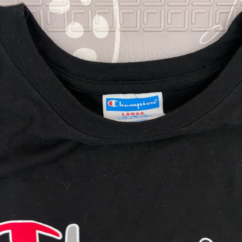 Champion Black T-Shirt with Red and White Accents